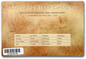 2019 Nauru 12 Gram Gold Proof Leonardo Da Vinci Vitruvian - Horizontal Png