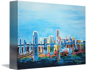 Neon Shimmering Skyline Silhouette Miami Florida By M Bleichner - Painting Png