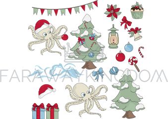 Christmas Octopus Underwater Cartoon Vector Illustration Set - Dibujo Pulpo Navidad Png