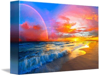 Download Pink Sunset Beach With Rainbow And Ocean Waves By - Beautiful Beach Sunset Ocean Png