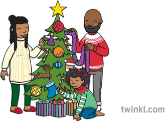 Family Decorating A Christmas Tree Illustration - Twinkl Christmas Day Png