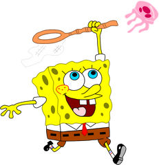 Drawing Spongebob Jellyfish 1 Clipart - Spongebob With Net Spongebob Jellyfishing Clipart Png