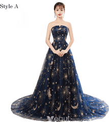 Elegant Navy Blue Prom Dresses 2018 A - Line Princess Glitter Cartoon Strapless Backless Sleeveless Court Train Formal Dresses Gown Png