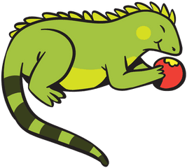 Cute Green Iguana Eating Apple - Cartoon Png