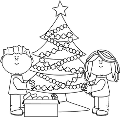 White Kids Decorating Christmas Tree - Decorate Christmas Tree Clipart Black And White Png