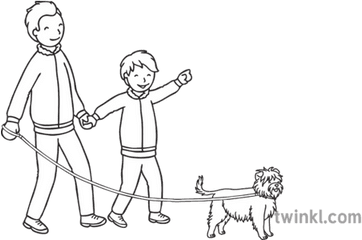 Family Walking Their Dog Black And - Line Art Png