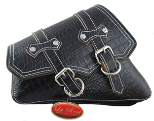 04 - Up Harleydavidson Sportster Left Side Clasick Saddle Bag Black Alligator White Thread Handbag Png