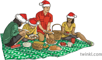 Christmas Picnic Family Parents Children Santa Hats People - Chametz Png